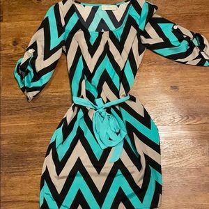 Teal tan and black chevron dress